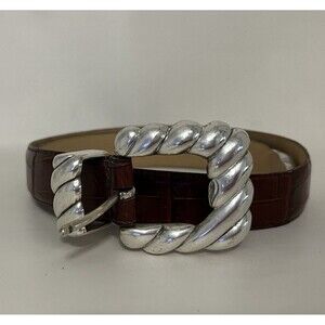 Vintage Enmon Brown Leather Belt Ornate Silver Buckle SZ L Italian Calfskin